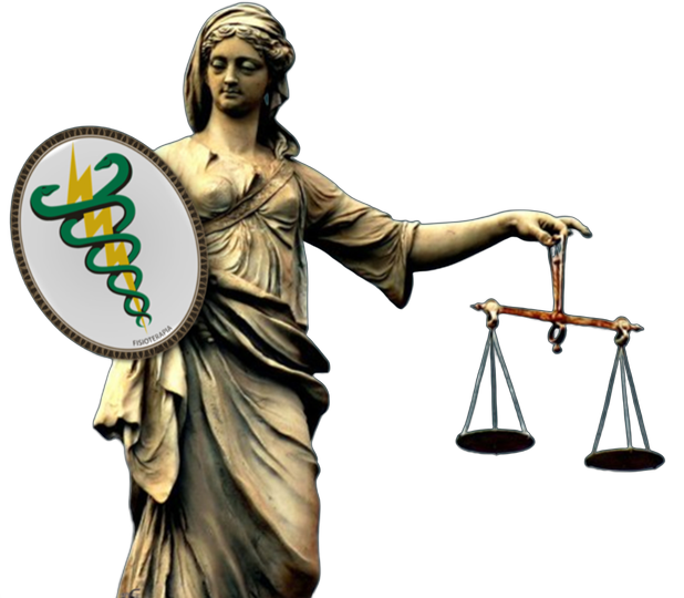Figura da Justiça segurando a balança e o escudo da Fisioterapia